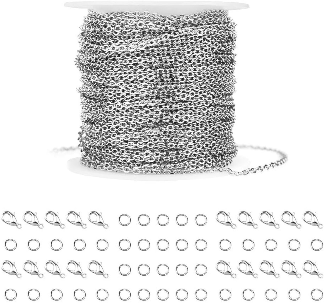 36ft Silver Stainless Steel Link Chain with 20 Lobster Clasps & 30 Jump Rings – 2.0mm Jewelry DIY Kit for Men & Women